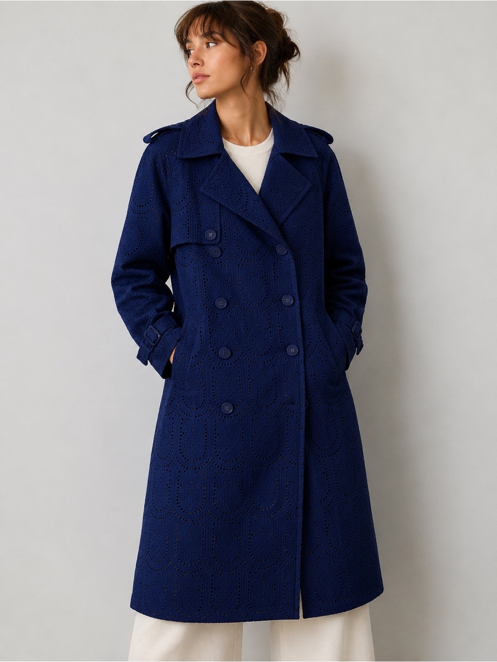 FARM RIO Eyelet Cotton Double-Breasted Trench Coat